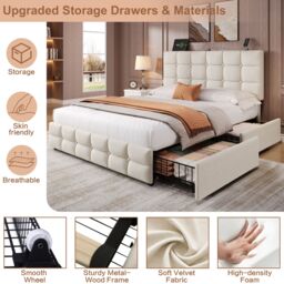 Matteo Beige Double Velvet Upholstered Bed Frame with 4 Storage Drawers & Adjustable Headboard with USB Charging Ports - thumbnail 6