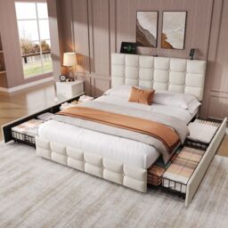 Matteo Beige Double Velvet Upholstered Bed Frame with 4 Storage Drawers & Adjustable Headboard with USB Charging Ports - thumbnail 2