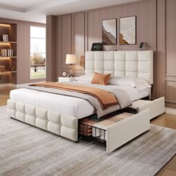 Matteo Beige Double Velvet Upholstered Bed Frame with 4 Storage Drawers & Adjustable Headboard with USB Charging Ports - thumbnail 3