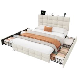 Matteo Beige Double Velvet Upholstered Bed Frame with 4 Storage Drawers & Adjustable Headboard with USB Charging Ports - thumbnail 8