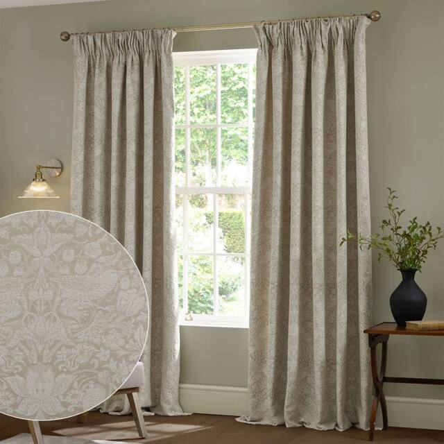 Morris & Co Strawberry Thief Jacquard Fully Lined Pencil Pleat Curtains in Cream - Size: 117 cm width x 137 cm drop - image 1