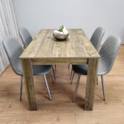 KOSY KOALA Rustic Effect Wood Dining Table Set with 4 Grey Gem Pattern Chairs Dining Room Furniture in Brown - thumbnail 4