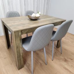 KOSY KOALA Rustic Effect Wood Dining Table Set with 4 Grey Gem Pattern Chairs Dining Room Furniture in Brown - thumbnail 3