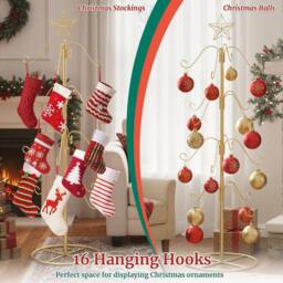 Gymax 121cm Christmas Stocking Holder Stand 16 Hanging Hooks Metal Hanger in Gold - thumbnail 4