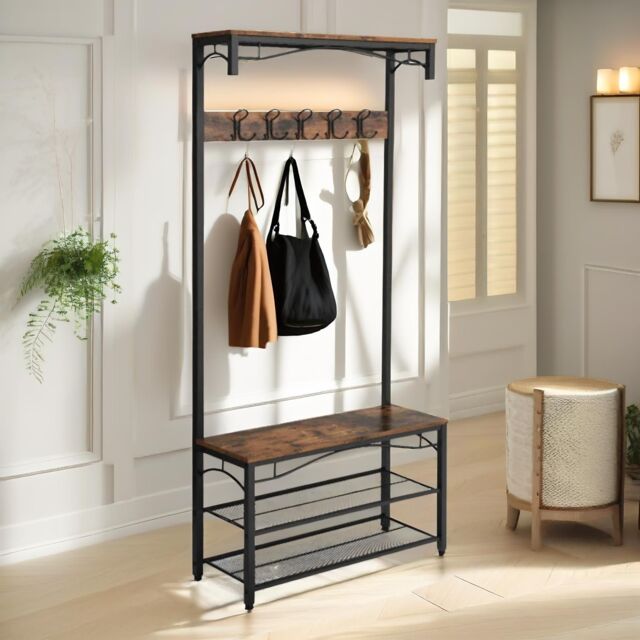 Pirlo Plush Industrial Coat Rack Shoe Storage Bench Rustic Brown - image 1