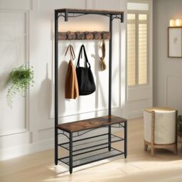 Pirlo Plush Industrial Coat Rack Shoe Storage Bench Rustic Brown