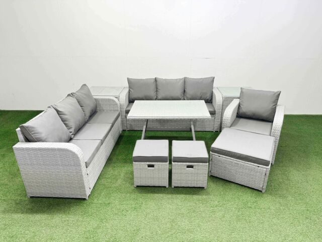 Fimous 9 Pieces Outdoor PE Rattan Garden Furniture with 2 Side Tables 3 Stool in Light Grey - image 1