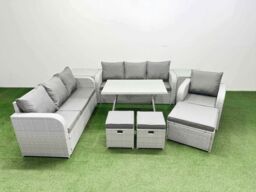 Fimous 9 Pieces Outdoor PE Rattan Garden Furniture with 2 Side Tables 3 Stool in Light Grey - thumbnail 1