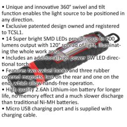 Loops Rechargeable Inspection Light - 14 SMD LED & 3W SMD LED - 360 Degree Swivel - thumbnail 2