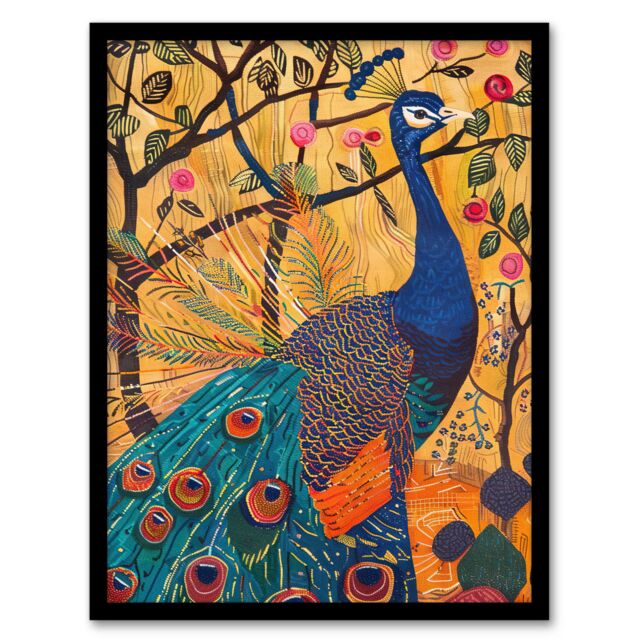 "Artery8 Exotic Peacock in Tree with Roses Artwork Framed Art Print in Yellow - Size: W12"" x H16""" - image 1