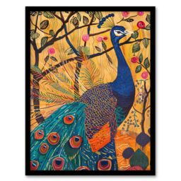 "Artery8 Exotic Peacock in Tree with Roses Artwork Framed Art Print in Yellow - Size: W12"" x H16""" - thumbnail 1