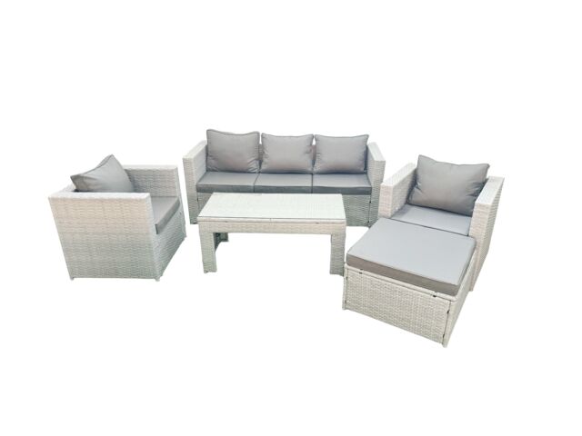 Fimous Rattan Garden Furniture Set 5 Pieces Outdoor Garden Sofa Oblong Coffee Table Set with 2 Chairs Stool Light Grey Mixed - image 1