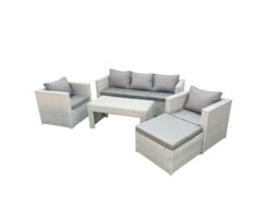 Fimous Rattan Garden Furniture Set 5 Pieces Outdoor Garden Sofa Oblong Coffee Table Set with 2 Chairs Stool Light Grey Mixed - thumbnail 2
