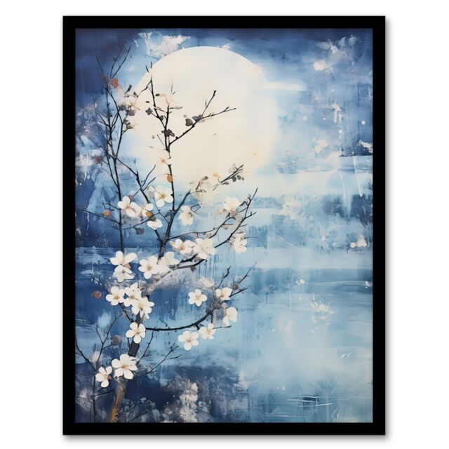Artery8 Wall Art Print Flowering Almond Tree Misty Morning Sun Landscape Framed in Blue - Size: A4 - image 1