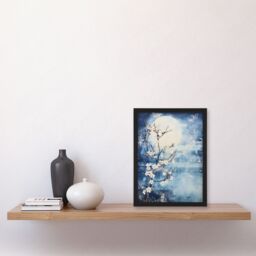 Artery8 Wall Art Print Flowering Almond Tree Misty Morning Sun Landscape Framed in Blue - Size: A4 - thumbnail 4