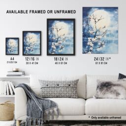 Artery8 Wall Art Print Flowering Almond Tree Misty Morning Sun Landscape Framed in Blue - Size: A4 - thumbnail 3