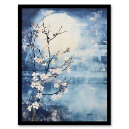 Artery8 Wall Art Print Flowering Almond Tree Misty Morning Sun Landscape Framed in Blue - Size: A4 - thumbnail 1