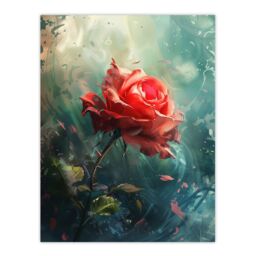 "Artery8 Single Red Rose Flower Morning Mist Painting Wall Art Print in Blue - Size: W24"" x H32""" - thumbnail 1