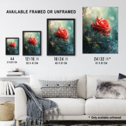 "Artery8 Single Red Rose Flower Morning Mist Painting Wall Art Print in Blue - Size: W24"" x H32""" - thumbnail 3