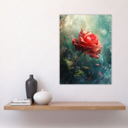 "Artery8 Single Red Rose Flower Morning Mist Painting Wall Art Print in Blue - Size: W24"" x H32""" - thumbnail 4