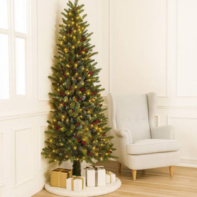 Home Republic Artifical Chstirmas Half Tree with Warm LED Lights & Red Berries in Emerald - Size: 180 cm x 45 cm