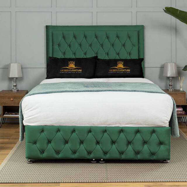 UK Bed Furniture Kingston End Lift Divan Ottoman Bed with 54 Inch Tall Headboard in Green - Size: Super King - image 1