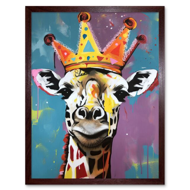 "Artery8 Wall Art Print Giraffe Wearing a Crown King Queen Modern Pop Art Framed in Brown - Size: W12"" x H16""" - image 1