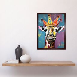 "Artery8 Wall Art Print Giraffe Wearing a Crown King Queen Modern Pop Art Framed in Brown - Size: W12"" x H16""" - thumbnail 2