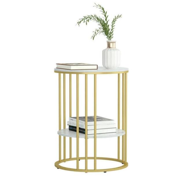 Nordara 2 Tiers Round Side Table Sintered Stone Top Marble Effect/Gold Frame in White - image 1