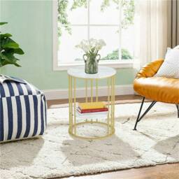 Nordara 2 Tiers Round Side Table Sintered Stone Top Marble Effect/Gold Frame in White - thumbnail 4