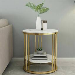 Nordara 2 Tiers Round Side Table Sintered Stone Top Marble Effect/Gold Frame in White - thumbnail 6