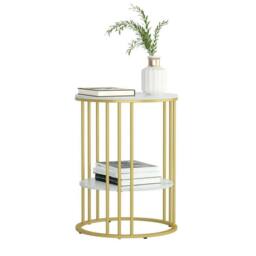 Nordara 2 Tiers Round Side Table Sintered Stone Top Marble Effect/Gold Frame in White - thumbnail 1