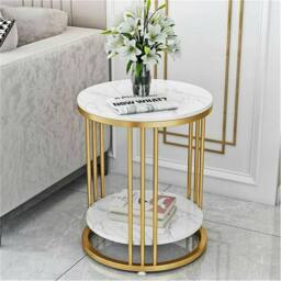 Nordara 2 Tiers Round Side Table Sintered Stone Top Marble Effect/Gold Frame in White - thumbnail 7