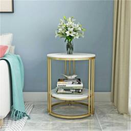 Nordara 2 Tiers Round Side Table Sintered Stone Top Marble Effect/Gold Frame in White - thumbnail 5