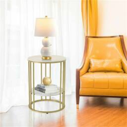 Nordara 2 Tiers Round Side Table Sintered Stone Top Marble Effect/Gold Frame in White - thumbnail 3