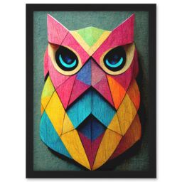 Artery8 Geometric Rainbow Owl Picture Abstract Multi Coloured Artwork Framed Wall Art Print A4 in Black - thumbnail 1