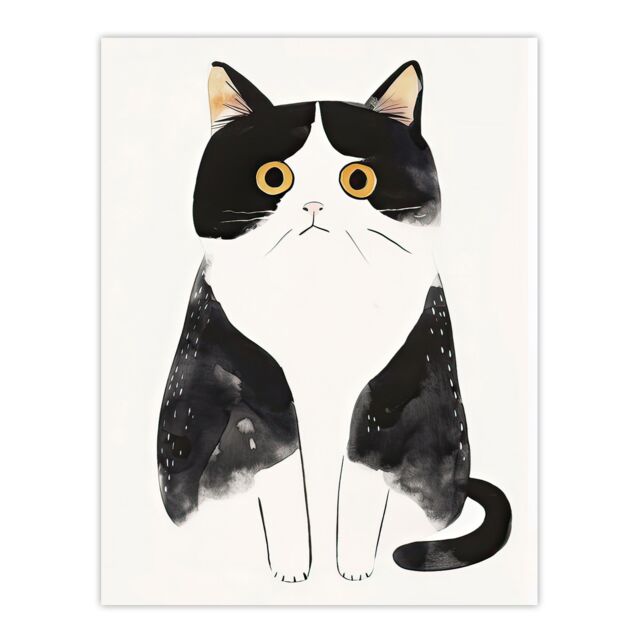 "Artery8 Tuxedo Cat Lover Cute Black White Pet Yellow Eyes Wall Art Print - Size: W18"" x H24""" - image 1