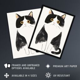 "Artery8 Tuxedo Cat Lover Cute Black White Pet Yellow Eyes Wall Art Print - Size: W18"" x H24""" - thumbnail 2