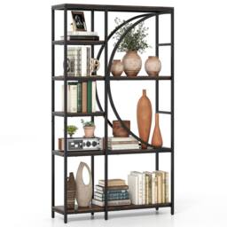 Gymax 6-Tier Industrial Bookshelf Wooden Bookcase With Opne Shelves in Brown - thumbnail 2