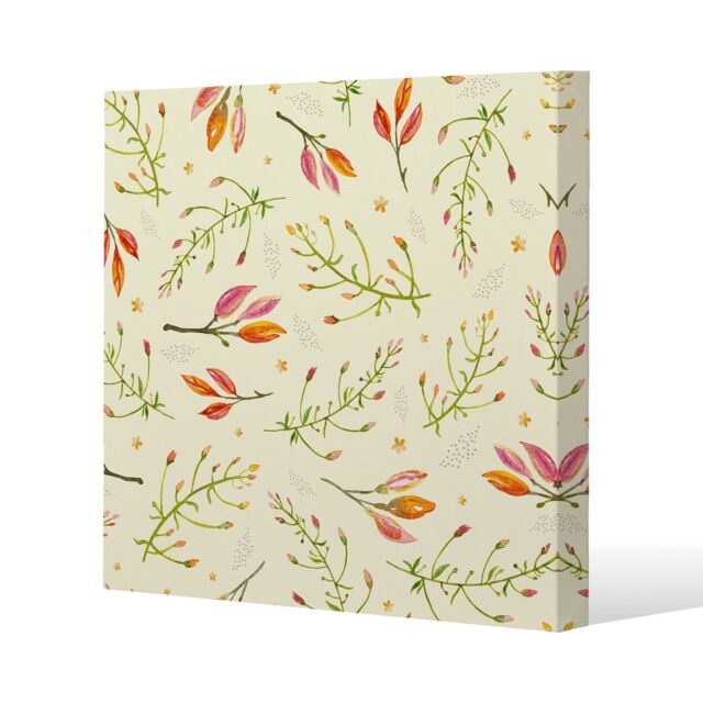 Benjamin Tate Design Green Branches on Light Background Slim Style Canvas Print 20x20cm in Natural - Size: 20x20 cm - image 1
