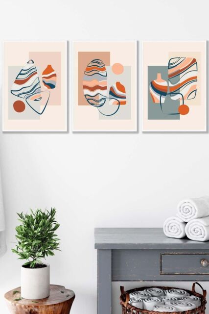 ARTZE Set of 3 White Framed Boho Modern Abstract in Blue & Orange Wall Art in Pale Orange - Size: W33 cm x H45 cm x D20mm - image 1