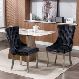 Modern Home Touch Winchester Set of 2 Velvet Upholstered Kitchen Dining Chairs with Sliver Chrome Legs in Black - Size: 2 Pack