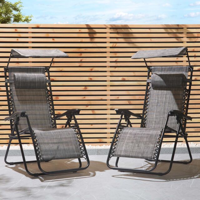 VonHaus Set of 2 Textilene Garden Zero Gravity Sun Lounger Chairs with Canopy in Grey - image 1