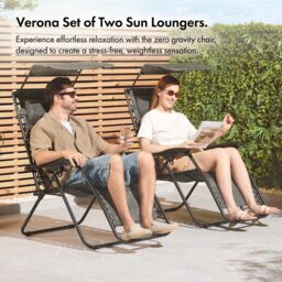 VonHaus Set of 2 Textilene Garden Zero Gravity Sun Lounger Chairs with Canopy in Grey - thumbnail 3