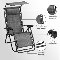 VonHaus Set of 2 Textilene Garden Zero Gravity Sun Lounger Chairs with Canopy in Grey - thumbnail 8