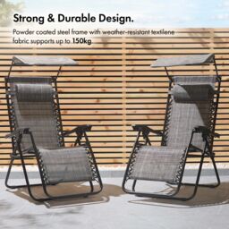 VonHaus Set of 2 Textilene Garden Zero Gravity Sun Lounger Chairs with Canopy in Grey - thumbnail 6