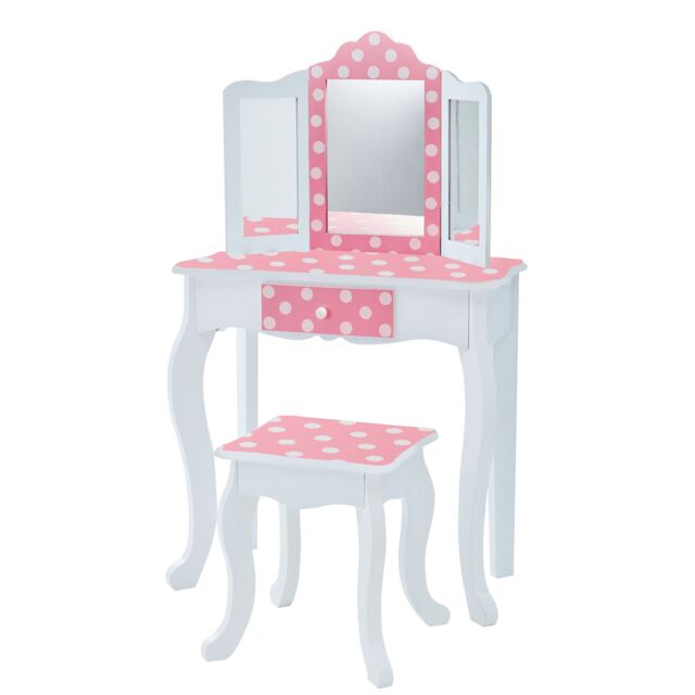 Teamson Kids Kids Wooden Play Vanity Table Set, Polka Dot, Pink/White in Pink - image 1