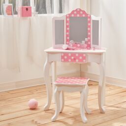 Teamson Kids Kids Wooden Play Vanity Table Set, Polka Dot, Pink/White in Pink - thumbnail 3