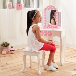 Teamson Kids Kids Wooden Play Vanity Table Set, Polka Dot, Pink/White in Pink - thumbnail 2
