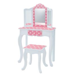 Teamson Kids Kids Wooden Play Vanity Table Set, Polka Dot, Pink/White in Pink - thumbnail 1